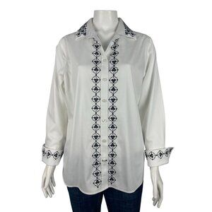 Chico's No Iron Embroidered White Button Up Shirt 1 Medium 8 Long Sleeve